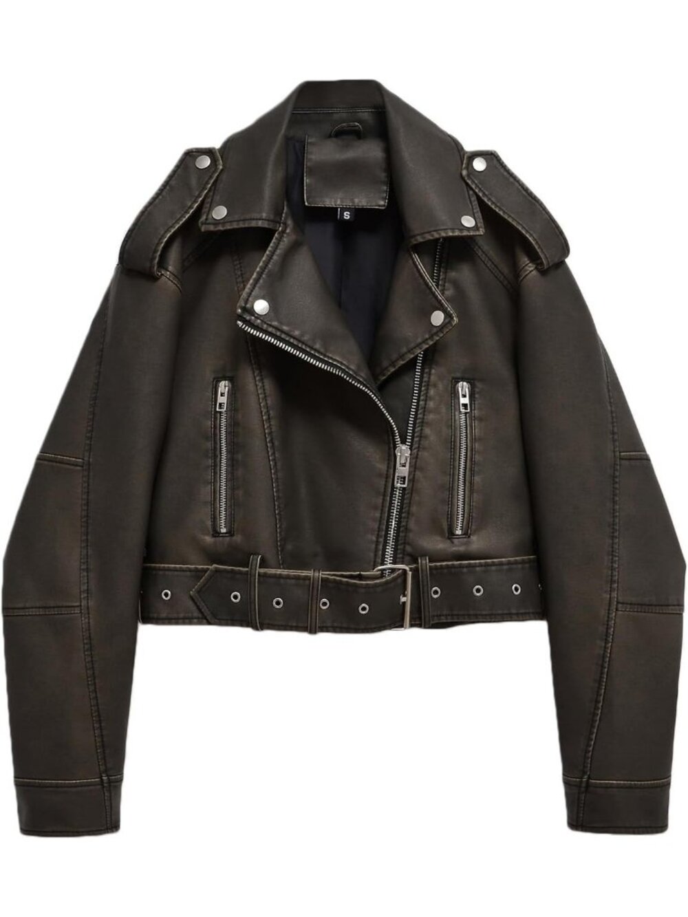 Women's Dark Green Leather Asymmetric Belted Zipper Biker Cropped Bomber Jacket - Picture 1 of 6